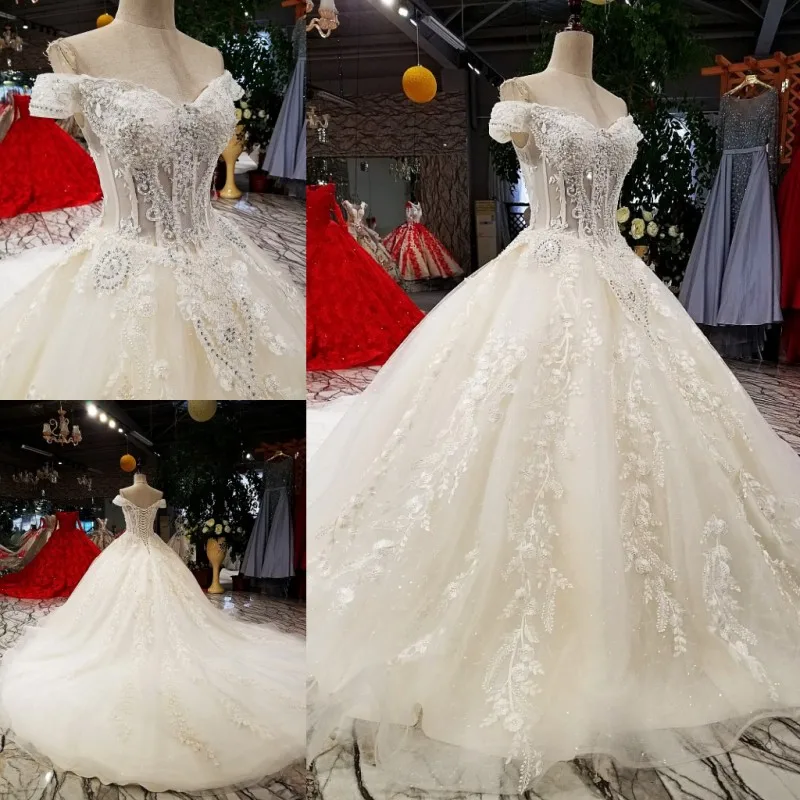 

Very Beautiful Real Photos Graceful Women's Champagne Wedding Dress Long Train 2019 New Korean Fashion Slim V Neck Bride Dress