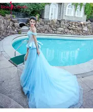 Beauty Emily Plus Size Light Blue Sexy Evening Dresses 2018 Boat-Neck Appliques Tulle Women Formal Long Evening Party Dress