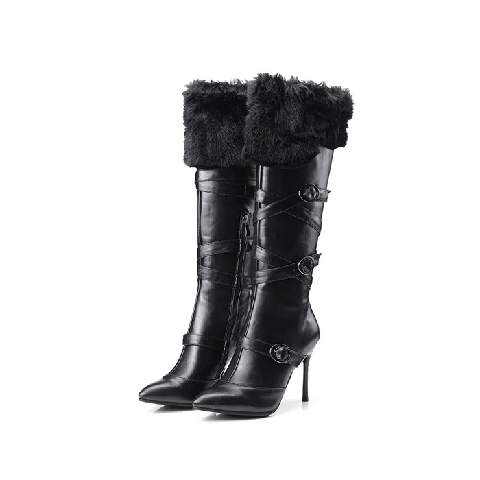ANNYMOLI/зимние женские сапоги высокие сапоги на высоком каблуке женские сапоги до колена на натуральном меху с пряжкой Женская Осенняя обувь белого цвета; большие размеры 33-43 - Цвет: Черный