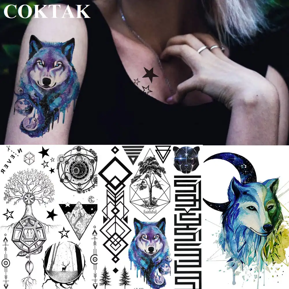 Coktak Tatuajes Temporales De Acuarela De Lobo Azul Arbol Geometrico Brazalete De Diamantes Tatuajes Arte Corporal Manga De Brazo Pegatinas De Tatuaje Tatuajes Temporales Aliexpress