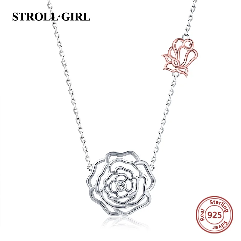 

Strollgirl Hot Sale 925 sterling silver Elegant Rose Necklaces & Pendants Authentic Sterling Silver Jewelry Valentine's Day Gift