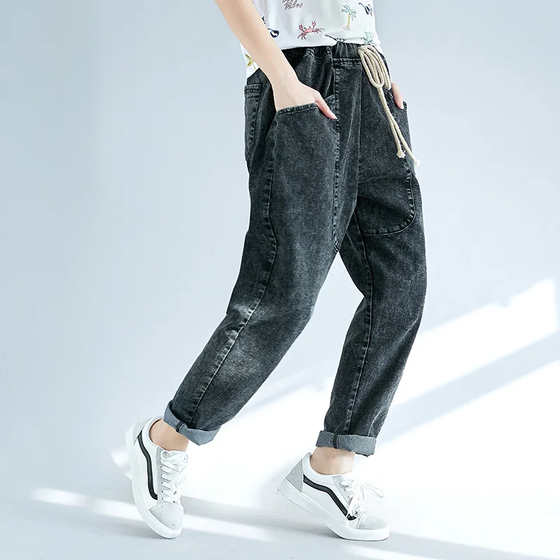 Новые женские джинсы с эластичной резинкой на талии и завязками размера плюс, женские модные джинсы с большим карманом, женские джинсы, свободные джинсы, femme, 5XL, 6XL, 7XL