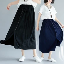 1749 большой размер хлопчатобумажная льняная юбка для женщин Лето высокая Талия Эластичный однобортный Повседневная Женская свободного покроя юбки до середины икры