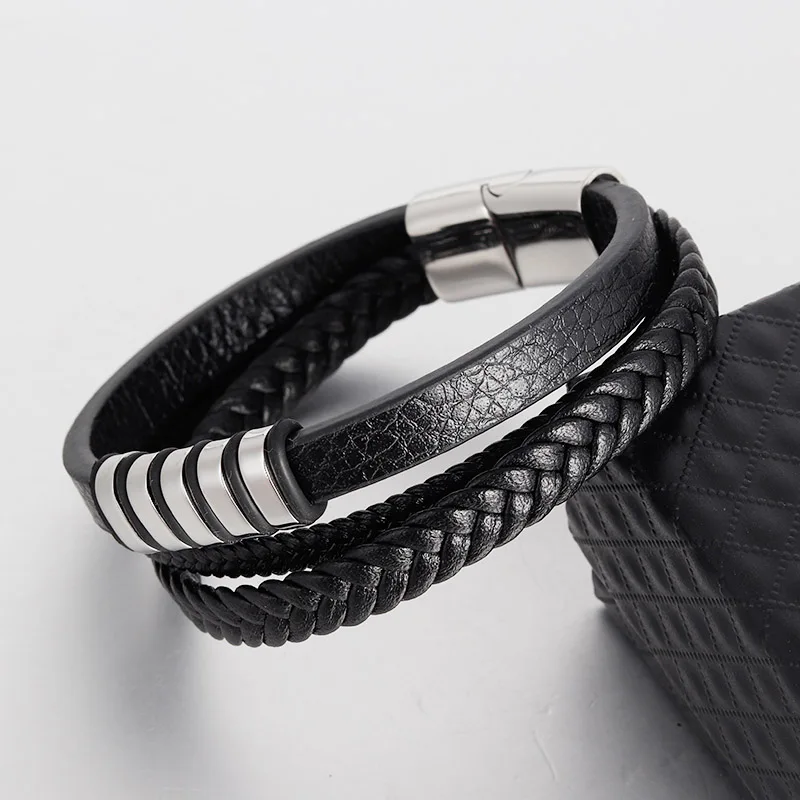 New Vintage Genuine Leather Bracelet Stainless Steel Magnetic Clasp Bangle for Men Jewelry Classic Braid Multilayer Rope