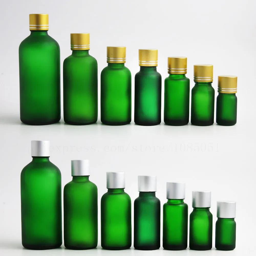 15pcs/lot  Empty Frosted Green Glass Herbal Bottle Container Essential Oil Vial WithBlack Gold Silver Cap 5 10 15 20 30 50 100ml image_2