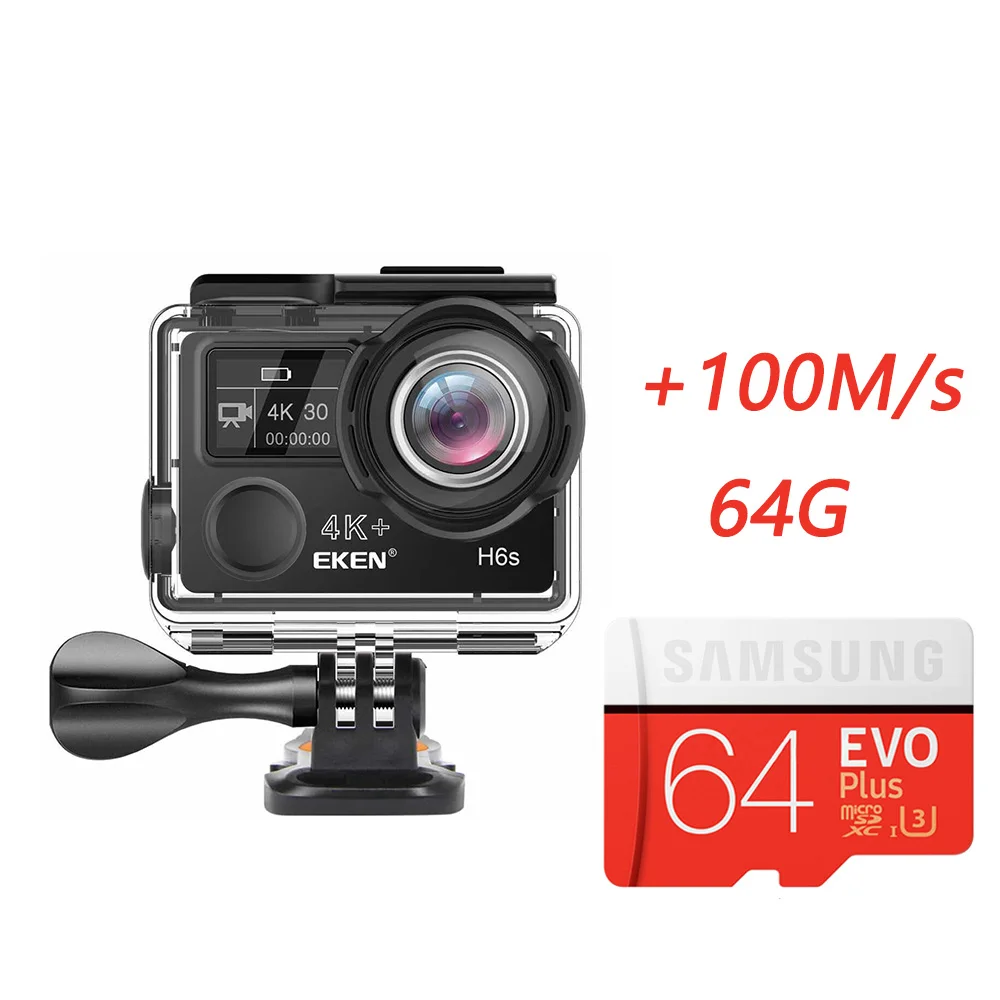 Eken H6s 4K+ Utral HD 14MP с дистанционным управлением EIS спортивная видеокамера Ambarella A12 Чип Wifi 30 м Водонепроницаемая экшн-камера Panasonic с датчиком - Цвет: Black x 64G 100Ms SD