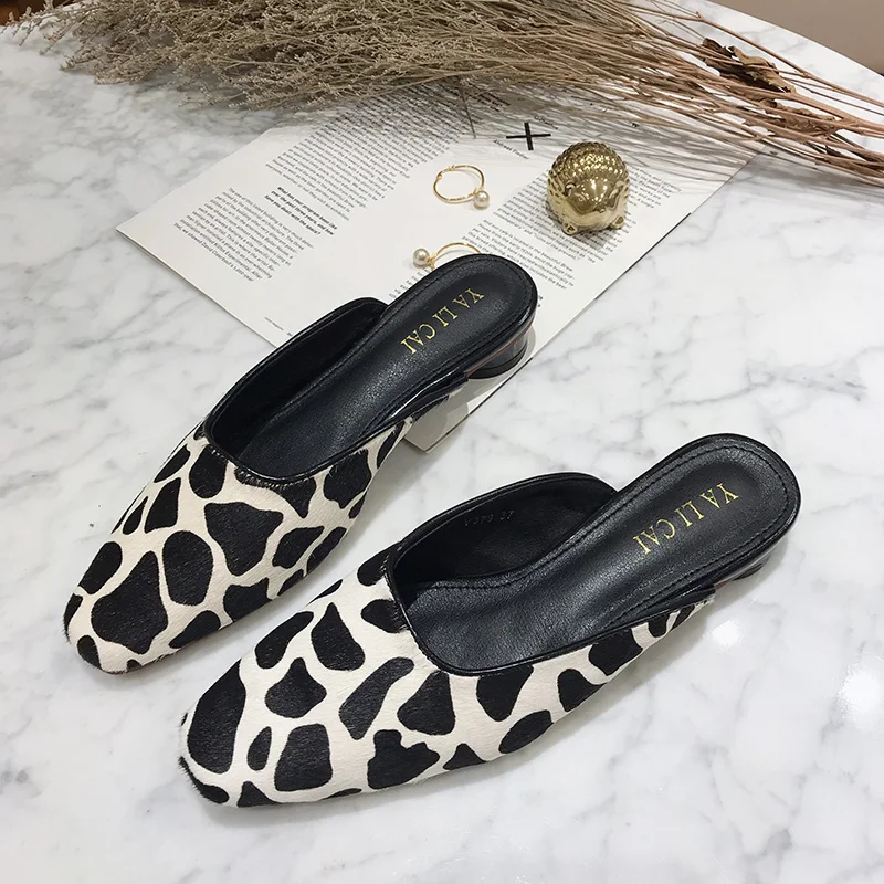 

New 2019 Spring Genuine Leather Mules Slippers Women Sexy Lady Square Toe Female Leopard Loafers Flip Flops Casual Shoes Woman