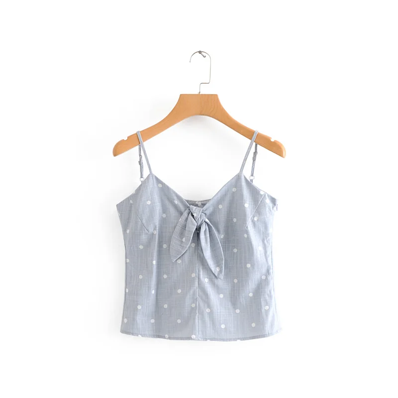 

2019 Spring Summer Polka Dot Print Sexy Chest Lace-Up Camis Tops Women Spaghetti Strap Top Korean Streetwear Short Casual