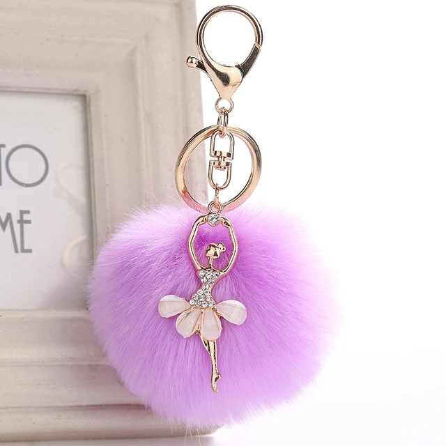 Rhinestone Shoe Shape Faux Fur Pompom Key Chain and Bag Charm Blue