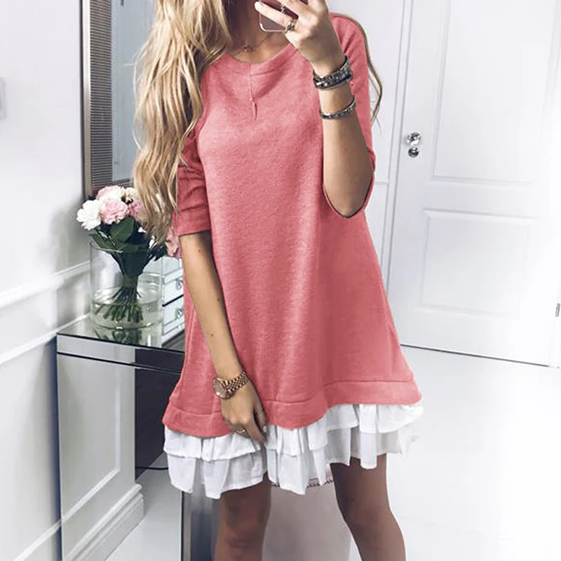 

New Women Dresses Warm Autumn Casual Stitching Hoodies Dress Long Sleeves O Neck Sweet Vestidos Femme Mini Tunic WS4978T