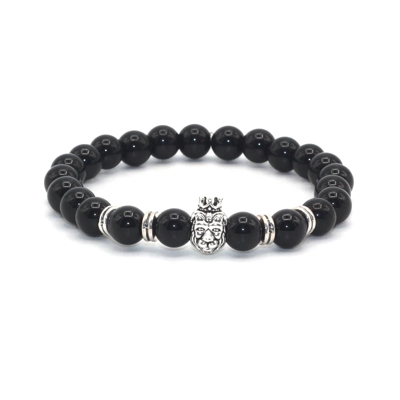

Antique Black Beads Silver Plated Leo Lion Head Bracelet Men Black Lava Bead Charm Bracelets Jewelry Turquoises Accessories