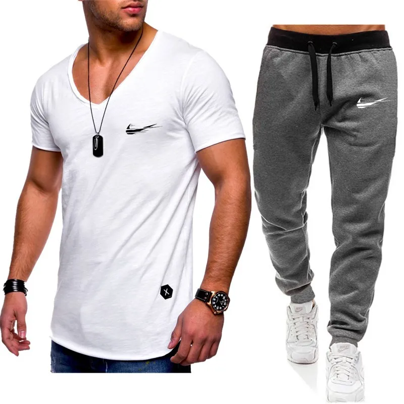 

Verгo dos homens novos t-shirt do terno + comprida calзas dois-peзa casual sportswear 2019 marca marй T-shirt ginбsio de fitness