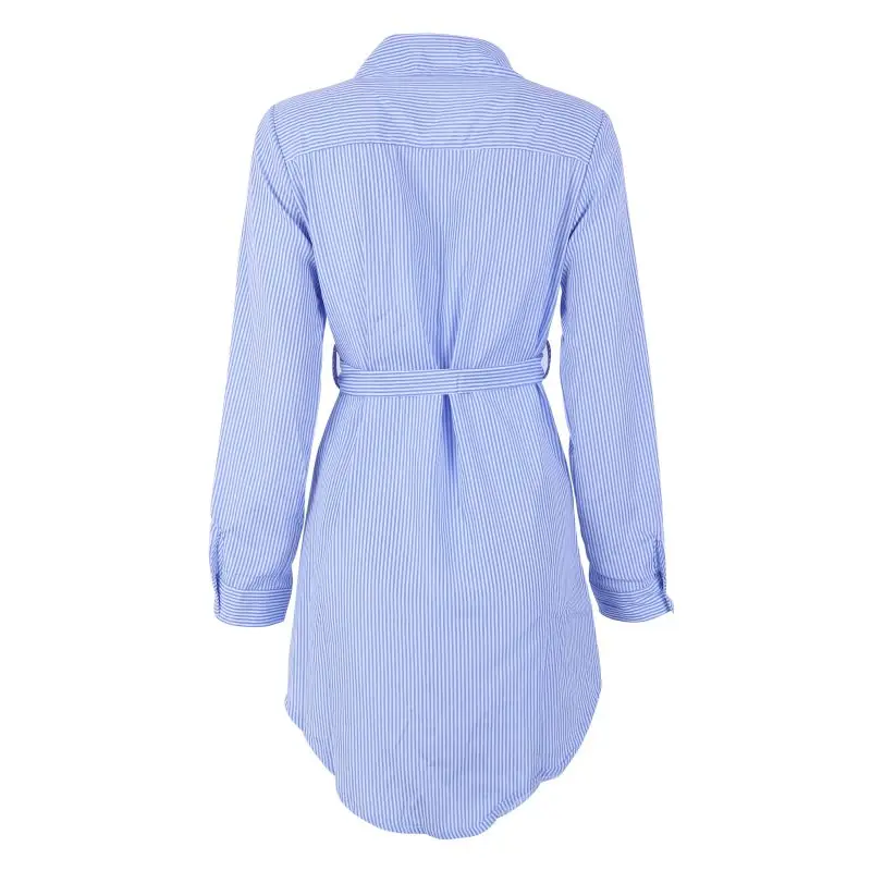 Женская Длинная блузка с вышивкой, синяя и белая полосатая рубашка с отворотом и длинным рукавом, вышитая рубашка с поясом