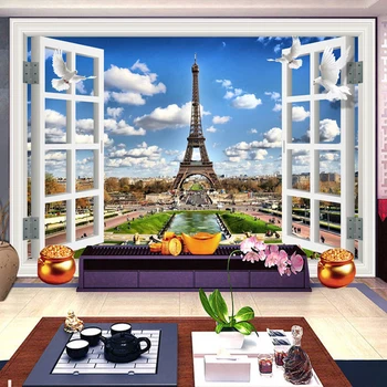 

3D Window Landscape Blue Sky Blue Clouds Eiffel Tower Photo Background Decor Mural Wallpaper For Walls Wall Painting Living Room