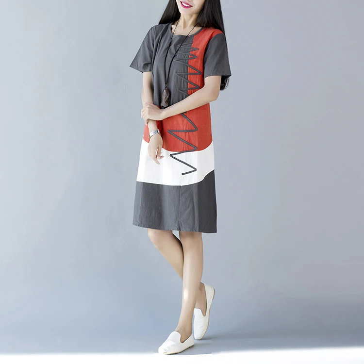 Женское платье с коротким рукавом хлопковое и льняное принтом|linen dress|cotton linen