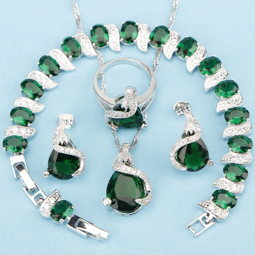 

Hot Bridal Women Jewelry Sets 925 Sterling Silver 4PCS Green CZ White Stones Bracelets/Earrings/Pendant/Necklace/Ring