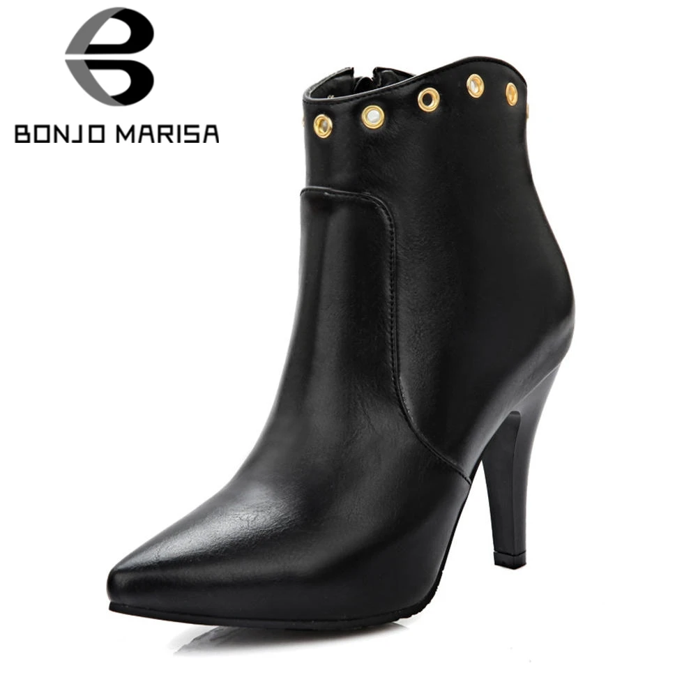

BONJOMARISA 2019 Winter Plus Size 32-46 Women Mature Ankle Western Boots Female Pointed Toe Black Boots High Heels Shoes Woman