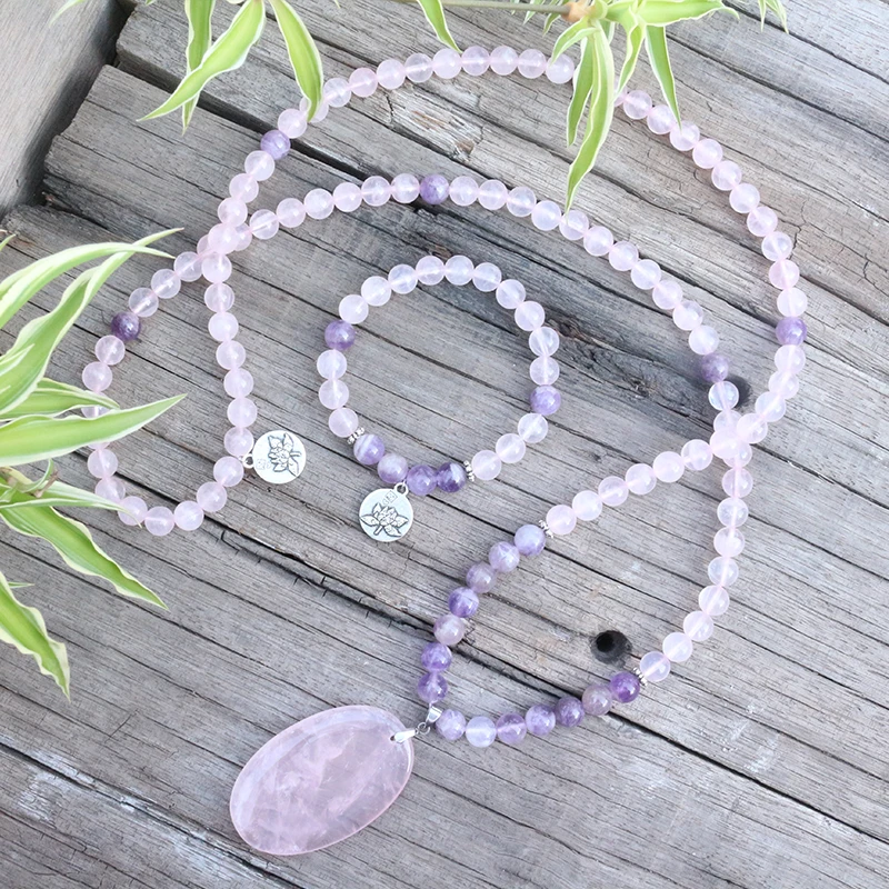 

8mm Natural Stone Beads,Amethyst,Rose Quartz,Lotus,Love,JapaMala Sets,Spiritual Jewelry,Meditation,Inspirational,108 Mala Beads