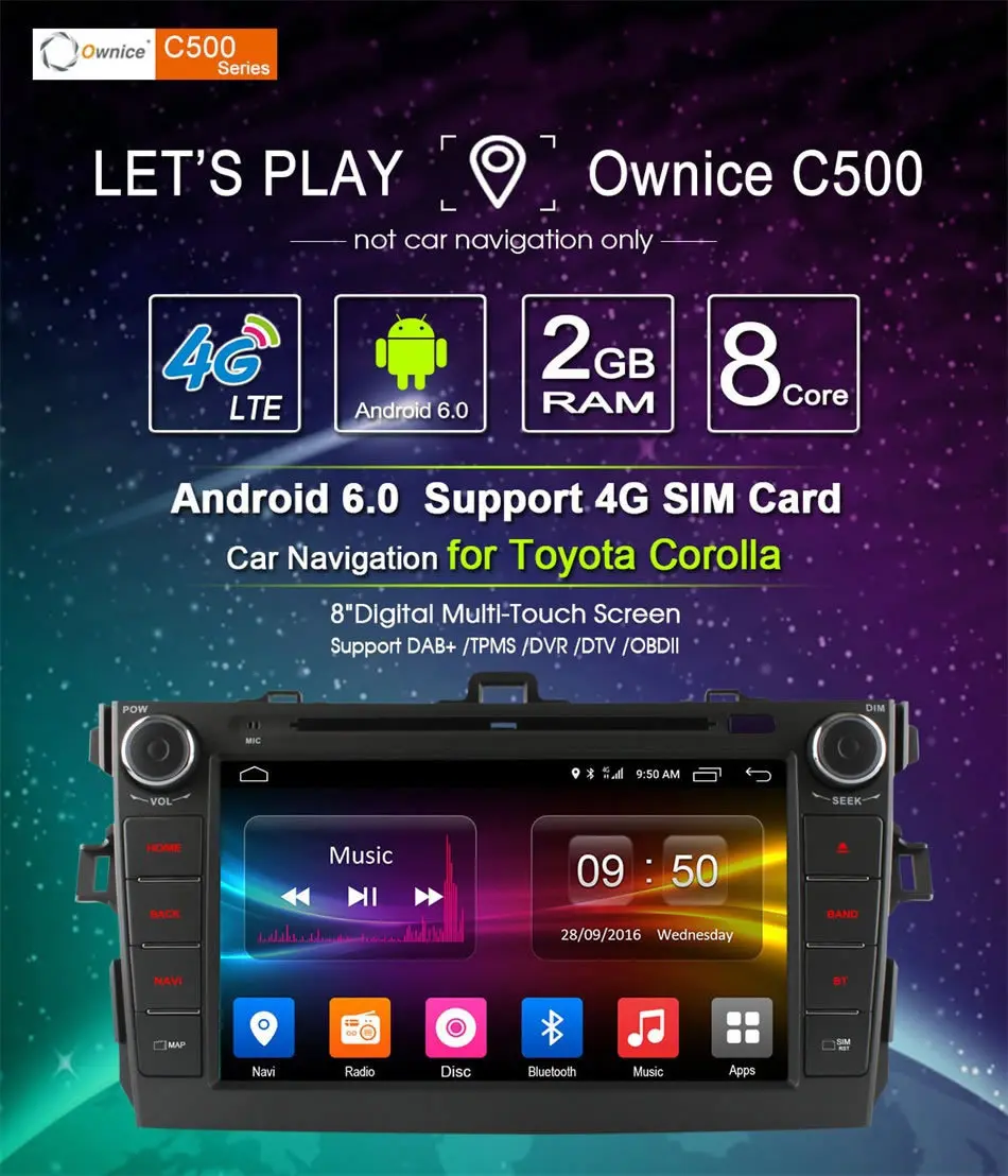 Ownice C500 Android 6,0 Octa 8 Core 2G RAM dvd-плеер автомобиля для Toyota corolla 2007-2011 в тире 2 din gps navi 4G LTE сети