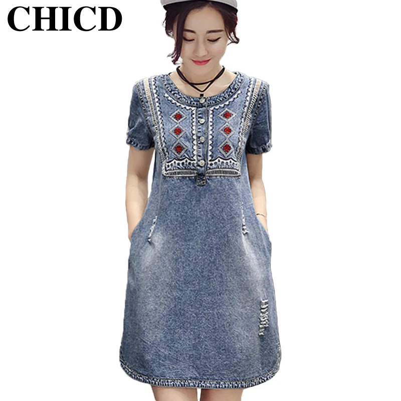 Buy Cheap CHICD Summer Women Sundress Retro Vintage Embroidery Soft Jeans Denim Dress O-Neck Mini Casual Plus Size Vestidos Femininos XD56