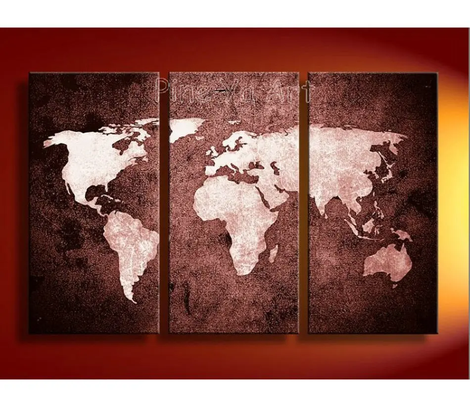 3 panel abstract wall art cheap modern hand painted world map oil