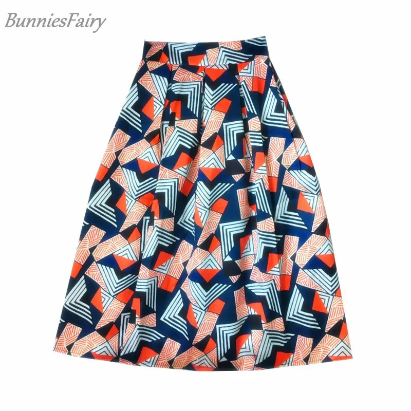 

BunniesFairy 2018 Autumn Hepburn Vintage Women Disconnected Striped Plaid Geometric Floral Print High Waist Pleated Skirt Casual