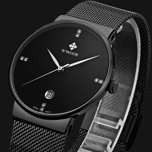 

WWWOOR Fashion Luxury brand Watches men Stainless Steel Mesh strap Quartz watch Ultra Thin Dial Clock Men's Watches waterproof