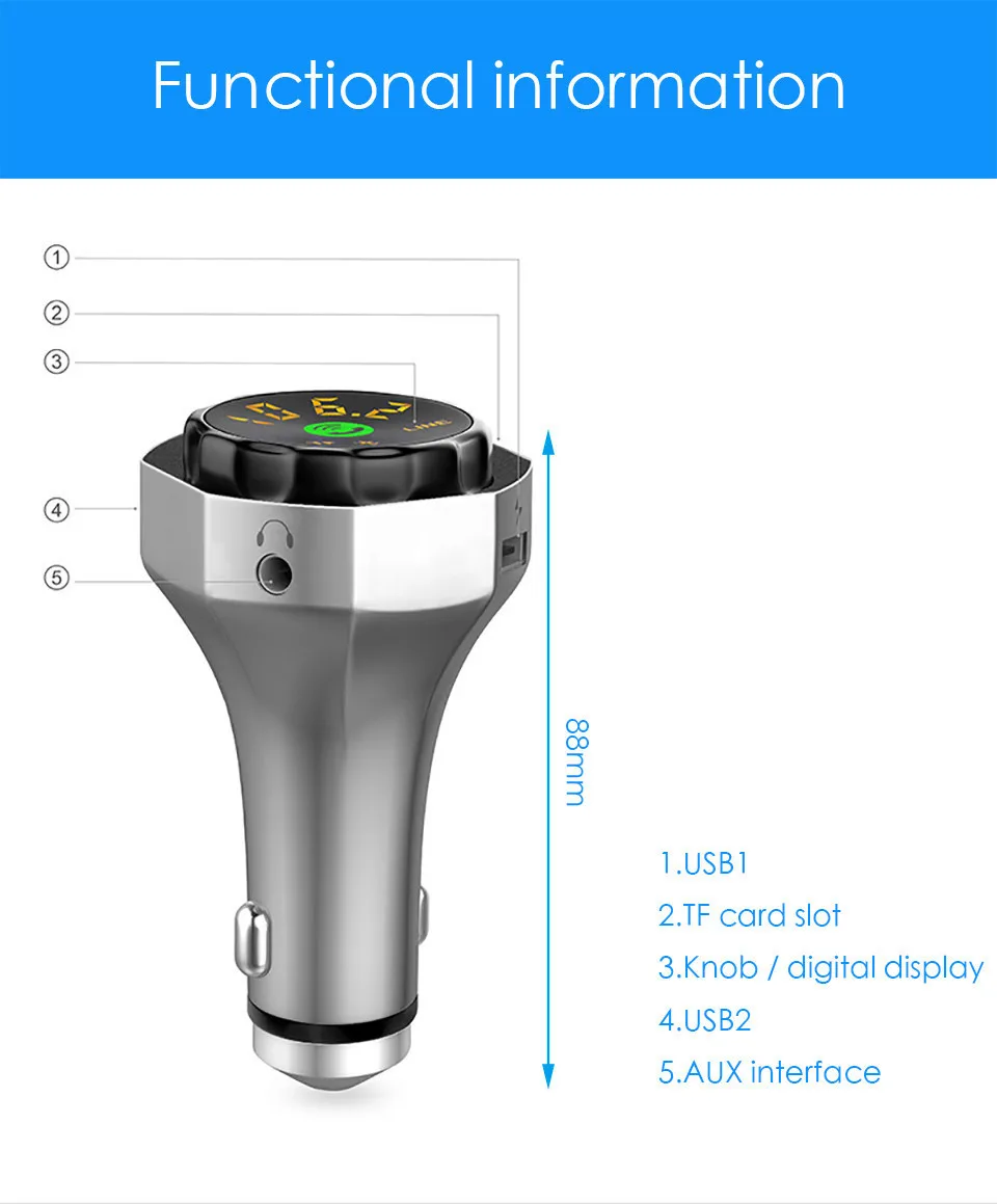Cunymagos Wireless Bluetooth FM Transmitter Bluetooth Handsfree Car Kit Bluetooth 3.5mm Aux Bluetooth MP3 Player TF USB Car Charger (1)