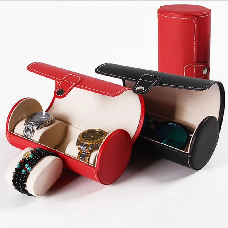 

Hot Free Shipping 3 Slot Watch Display Gift Box Case Roll Wristwatch Necklace Bracelet Jewelry PU Leather Velvet Box Storage