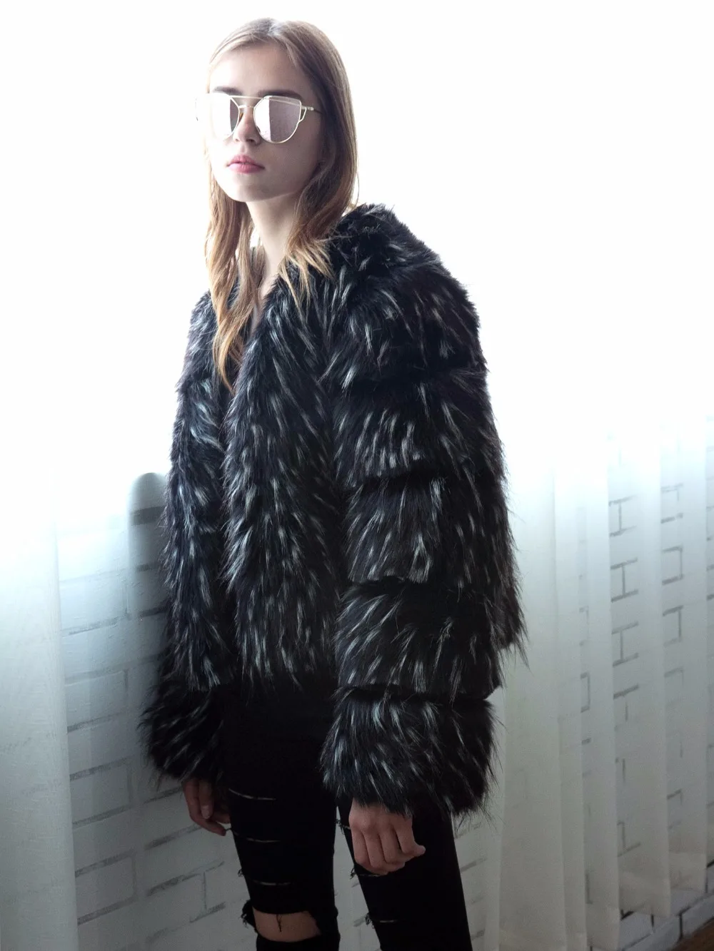 Fashion Raton Fourrure Dames Survêtement Veste Faux Bande Laveur Fluffy Blue Manteau De Manches Poilu Chic black rwUrtqfR