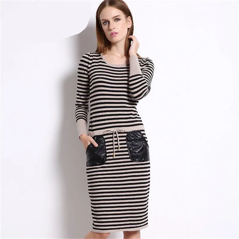 

Cotton Striped Long Sleeve Women Knee lenght Dress 2017 Runway Style Dress Winter Casual Dress Elegant Party Knitted Dress