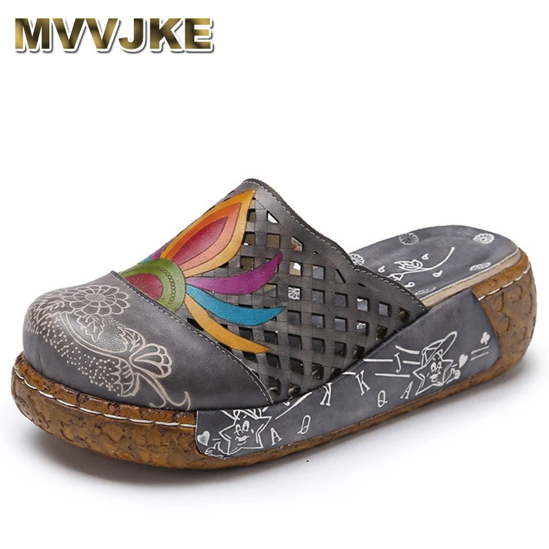

MVVJKE 2018 Women's Summer Shoes 5CM Heel Genuine Leather Sandals Ethnic Style Floral Sewing Fashion Slippers Platform slippers