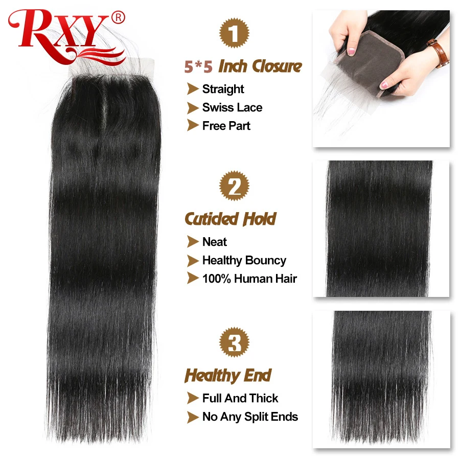 RXY перуанские прямые кружева Закрытие 5x5 швейцарские кружева Remy человеческие волосы на заказ с сеткой с детскими волосами натуральный черный цвет "-20"
