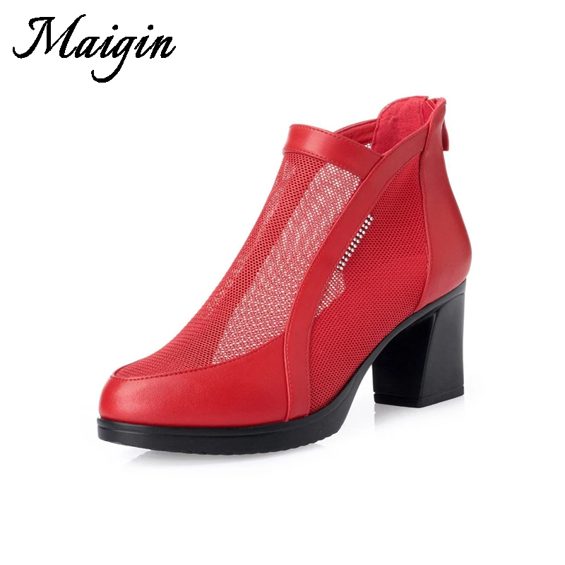 Maigin Genuine Leather Ankle Boots 2018 Round Toe Mesh Women Sandals Breathable High Heel Summer Shoes Cover Heel Ladies Sandals