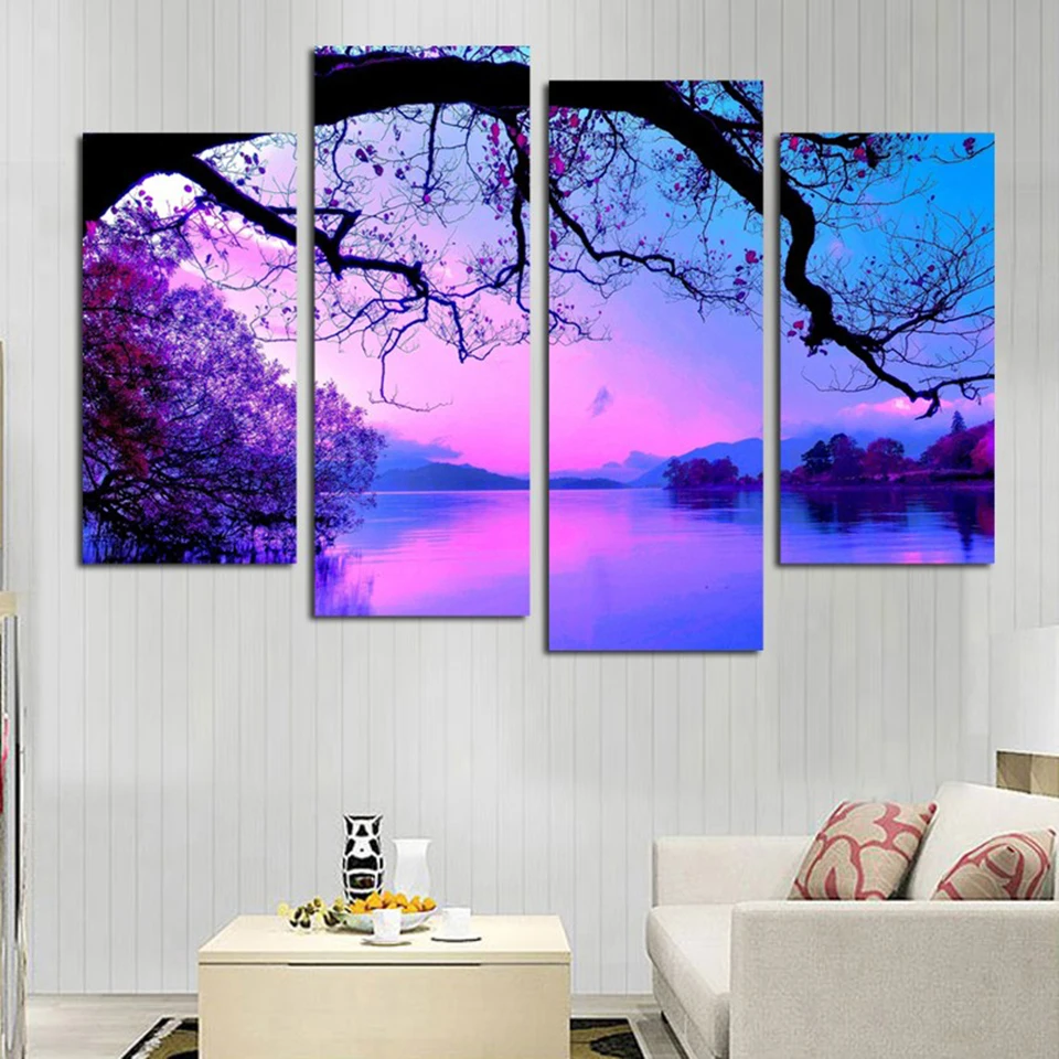 

Canvas Painting Modular Picture 4 Panel Purple Tree Lake Picture Wall Art Home Decoration For Living Room Modern Printing Type