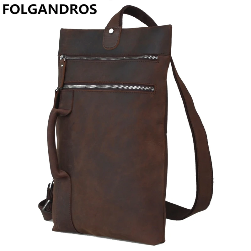 

FOLGANDROS Brand Men's Large Chest Bag Crazy Horse Genuine Leather Shoulder Crossbody Bag High Quality Anti-theft Unbalance Pack