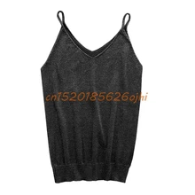 Блестящая жилетка, вязаный женский камзол, растягивающийся жилет, v-образный вырез, тонкий сексуальный топ на бретелях, UNS-OKLE