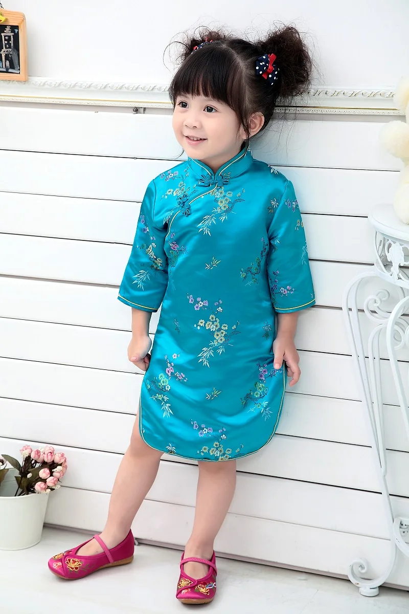 Летнее платье Ципао с рукавом три четверти для маленьких девочек, детская одежда, Чонсам с цветочным рисунком, подарок на год, традиционная китайская одежда