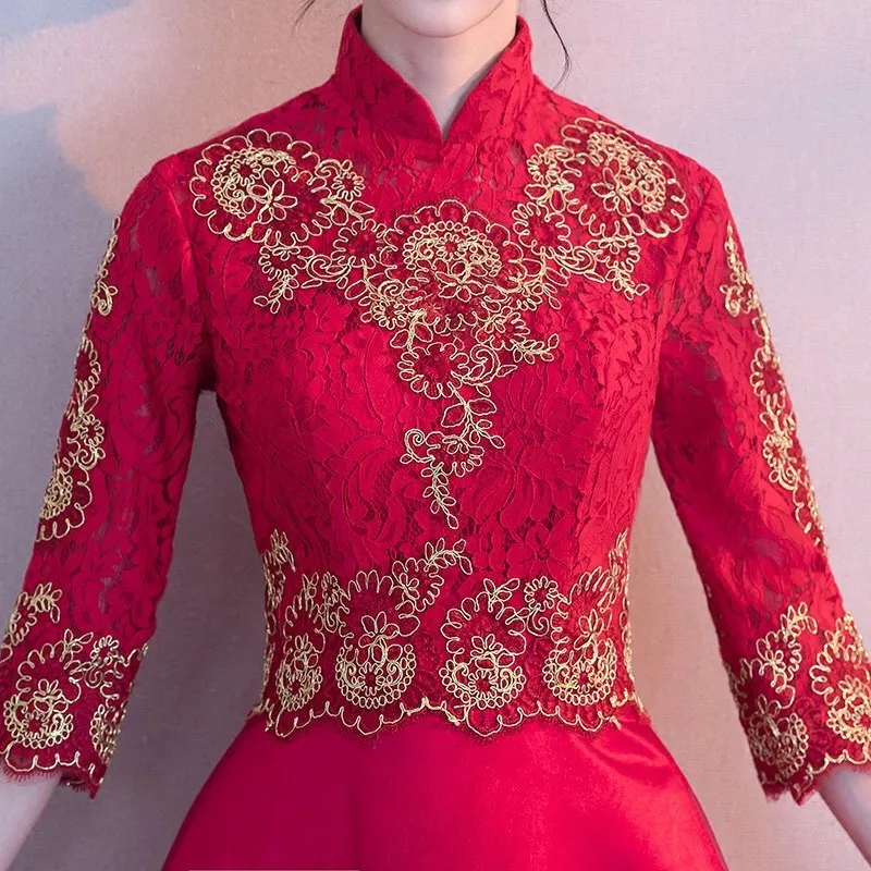 Бургундия китайское платье Qipao платья для вечеринок свадебное платье с разрезами по бокам и воротником-стойкой платье новое вечернее Oriental