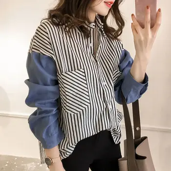 

Women College Wind Pocket V-Neck Lapel Sleeve Stitching Striped Loose Shirts Tops Fashionable Versatile Blouse