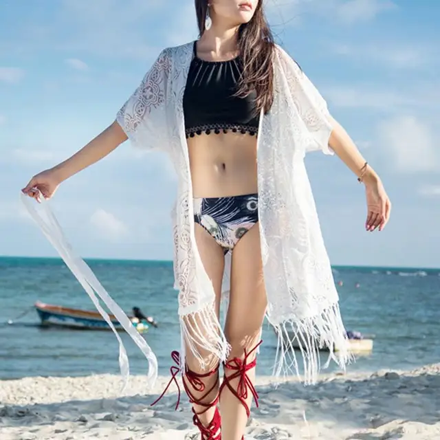 Best Price Beach Dresses Swimwear Cover-Up Sexy Women Tassel Loose Beach Dress Swimwear Summer Lace Cardigan Shawl Swimsuit Blouse