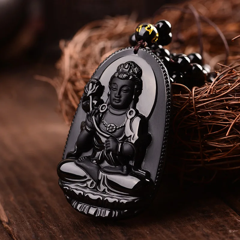 Mahasthamaprapta ожерелье бодхисаттвы подвески ювелирные изделия черный Обсидиан Резной Будда счастливый амулет кулон ожерелье для женщин мужчин