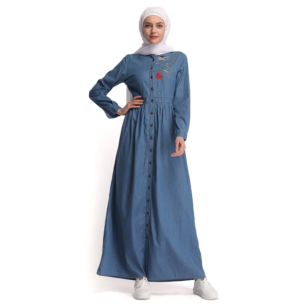 

UAE abayas for women casual abaya dubai muslim dress embroidered flowers long dress caftan marocain denim djellaba pockets