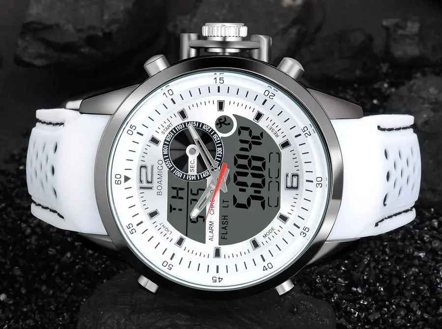 Fashion Analog Digital Alloy Watches BOAMIGO Brand Men Sports Watch Dual Time Buckle Clasp Quartz White Chronograph (21)