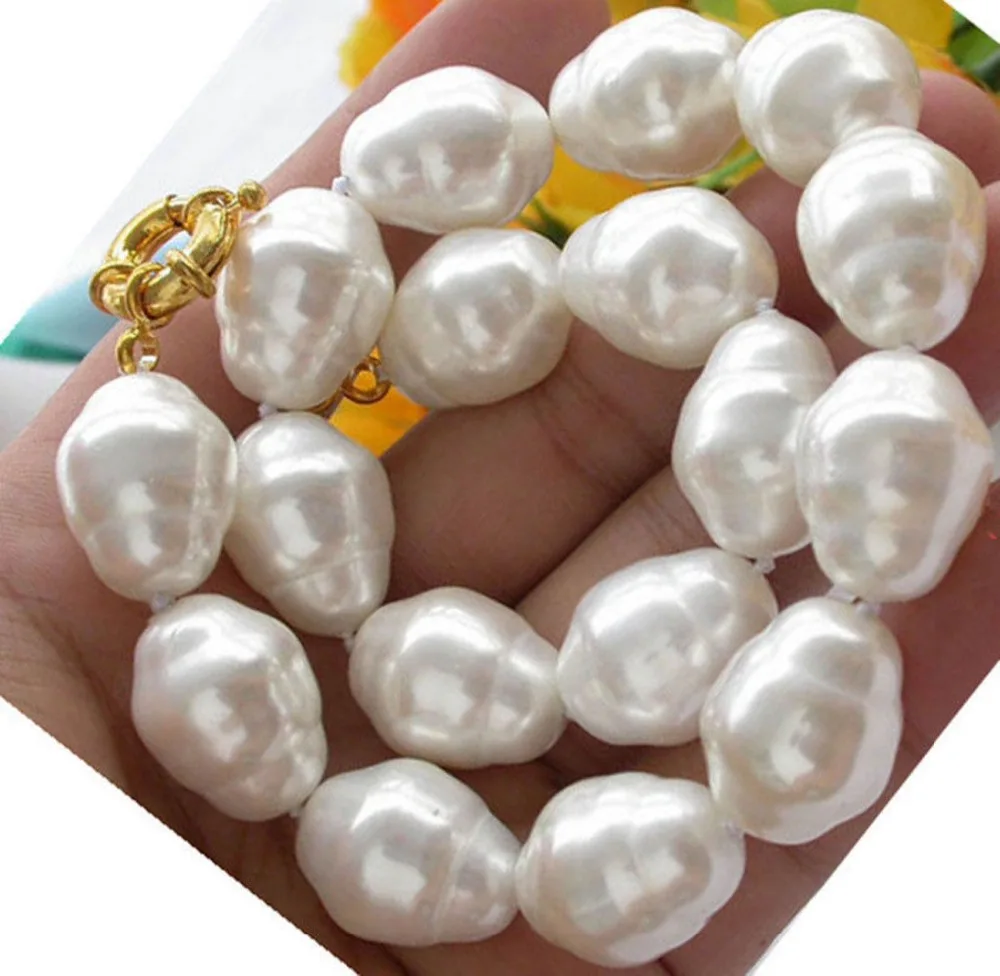 

Hand knotted huge large 12x15mm south sea white baroque shell pearl necklace 18" fashion jewellery