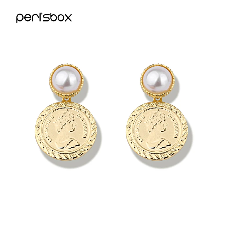 

Peri'sBox Gold Color Metal Elizabeth Dangle Earrings for Women Simple Drop Coin Earrings Geometrical Round Disc Earrings Bijoux