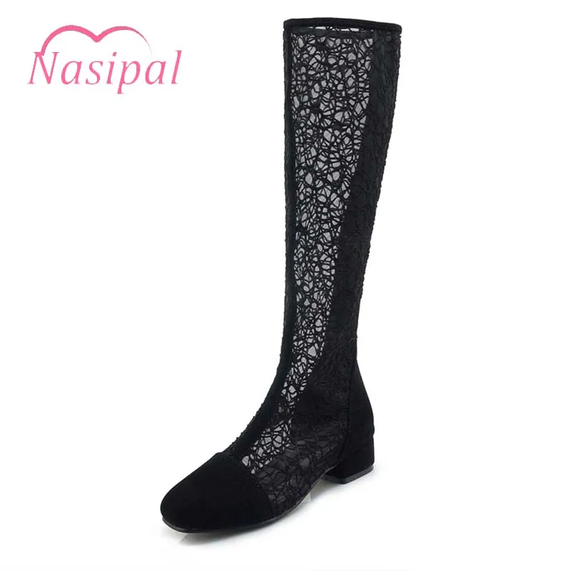 

Nasipal Sexy Woman Sandals 2018 New Fashion Thick Chunky Heels Knee High Boots Suede Breathable Net Women Shoes Black Zipper