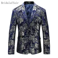 Замечательный темно-синий мужской золотой цветочный блейзер Элегантный Приталенный пиджак для сцены повседневный костюм с золотым принтом костюм пальто для сцены