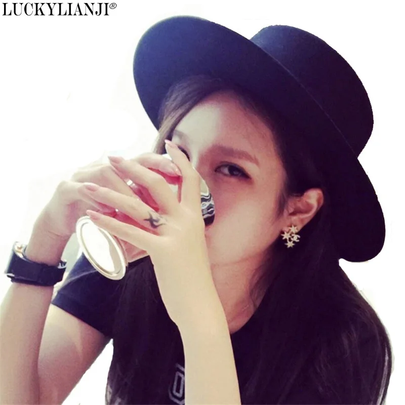 

LUCKYLIANJI Retro Unisex Men Women Wool Felt Flat Dome Oval Top Bowler Porkpie Pork Pie Hat (Adjust Size: 56-58cm 7-7 1/4)