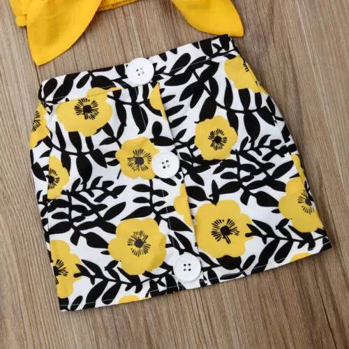 Kids Baby Girls Clothes Sets Yellow Sleeveless Bow Vest Tops Floral Button Skirt Outfits Sunsuit